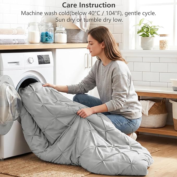 Queen Comforter Set Light Grey, 7 Pieces Pintuck Bed in a Bag | OEKO-TEX 100 Certified, 240GSM All Season, Bedroom, Guest Room, Down-Alternative Comforter, Sheets, Pillowcases & Shams