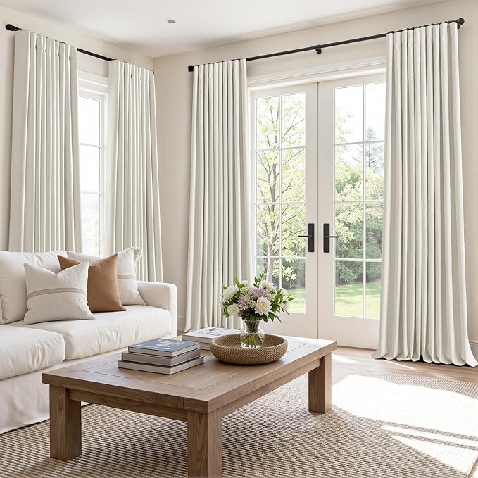 MIULEE 100% Blackout Back Tab Pleat Linen Curtains 50" Wx102 L,Ivory | 2 Panels,Thick Faux Linen,Textured Drapes,with Hooks,for Bedroom Living Room,Black Out,Room Darkening