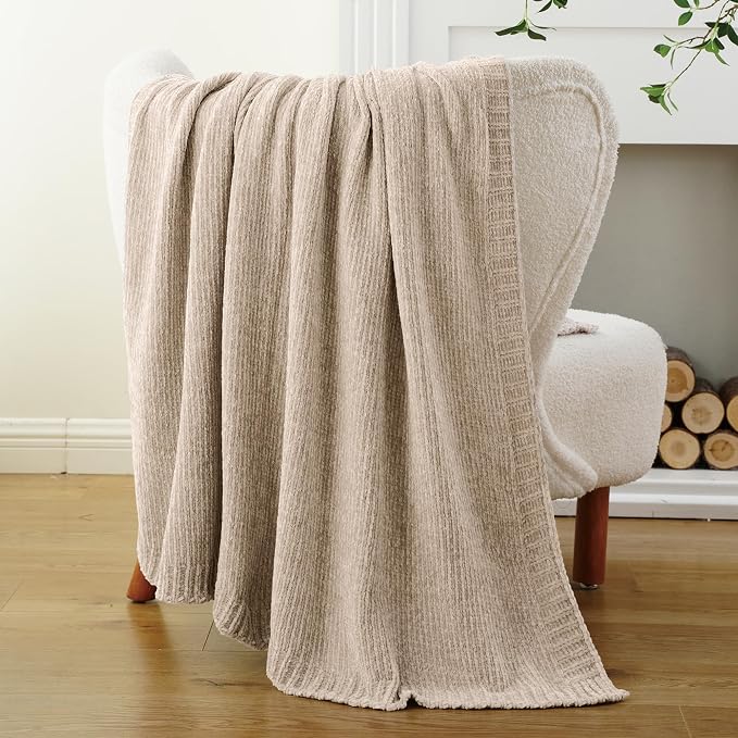 Beige Throw Blanket for Couch, Soft Chenille Throw Blanket 51"x67" | Shiny Oatmeal Chenille Blanket, Breathable & Midweight Knit Throw Blanket, Neutral Throw for Bed Sofa Home Decor