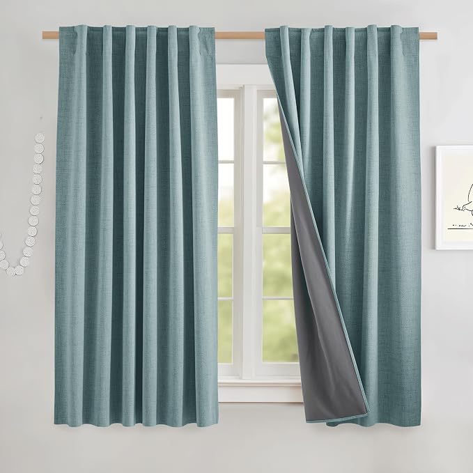 NICETOWN 100% Blackout Curtains 63" Long for Kitchen 2 Panels, Skylark Blue | Linen Look, Noise Reducing, Thermal Insulated, Keeping Out Cold Air and Heat Panels for Nursery Privacy, W52" x L63" Each