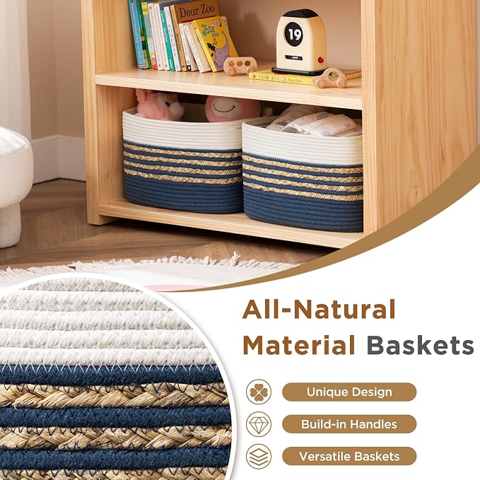 UBBCARE 2 Pack Baskets for Organizing, Woven Storage Baskets for Toys and Towel, Rectangle Cotton Rope Basket with Handles, 14''L x 8''W x9''H, Navy Blue