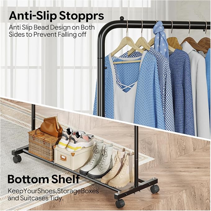 Simple Trending Clothing Rack, Portable Garment Rack, Clothes Rack, Black | Metal Frame, Bottom Shelf, 360° Lockable Wheels, Anti-Slip Stoppers, Bedroom, Laundry Room