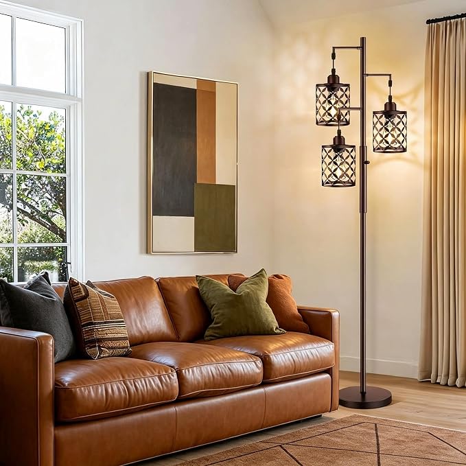 68" Industrial Tree Floor Lamp, Dimmable Farmhouse Tall Stand Light with Metal Cages & Rotary Dimmer Knob, Corner Decor Lighting for Living Room Bedroom Cafe, 3 x 800LM Bulbs Included-Brown