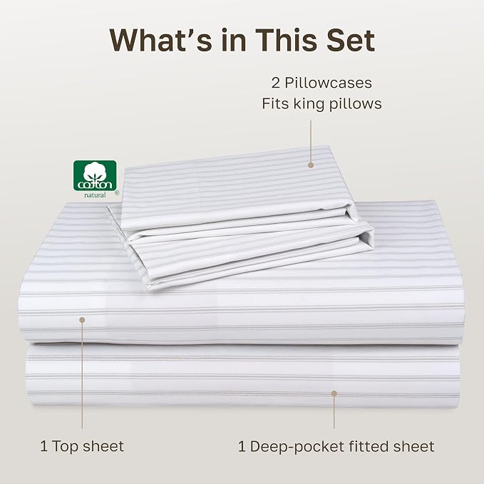 California Design Den Luxury 600 Thread Count California King Sheet Sets | 100% Cotton Sateen Backed by Good Housekeeping Seal, Soft & Smooth, 16" Deep Pocket - Print - Ticking Stripe