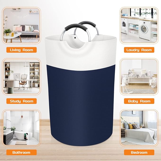 BlissTotes 75L Laundry Basket, Freestanding Collapsible Hamper, Blue | Collapsible Dirty Clothes Hamper, Foldable Laundry Bag for Dorm, Waterproof Fabric, Padded Aluminum Handles