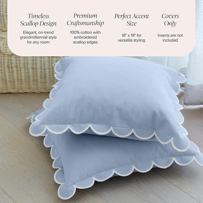 BEBE BASK Scalloped Pillow Cover Set of 2, 18x18, Cotton - Sky Blue/White | 100% Cotton, Scallop Pillow Covers, Grandmillennial Style, 18 by 18 Inch, Easy to Care, Machine Washable, Scalloped Pillows