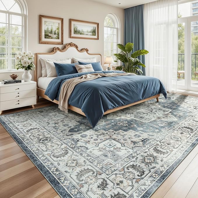 9x12 Area Rug for Living Room,Large Washable Carpet Blue Grey/Beige | Soft Non Slip Backing, Durable Stain Resistant,Compatible with All Vacuums,Kid & Pet Friendly ,for Dining Room Home Office