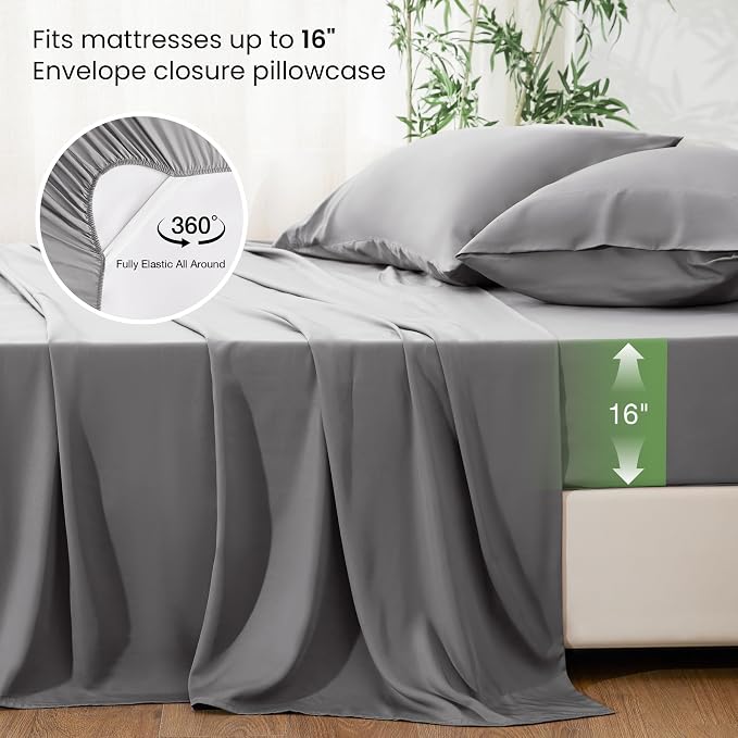 Love's cabin 4 Piece Queen Sheet Set, 100% Rayon Derived from Bamboo, Cooling & Breathable, Soft Silky Deep Pocket up to 16", Hotel Luxury Bedding for Hot Sleepers, Grey