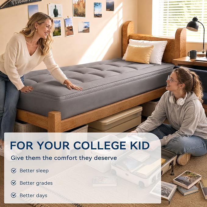 BDEUS Dual Layer 5 Inch Memory Foam Mattress Topper Twin XL Size for Dorm Room, 2 Inch Gel Memory Foam Plus 3 Inch Pillow Top Mattress Pad Cover,Back to School Essentials, Dark Gray