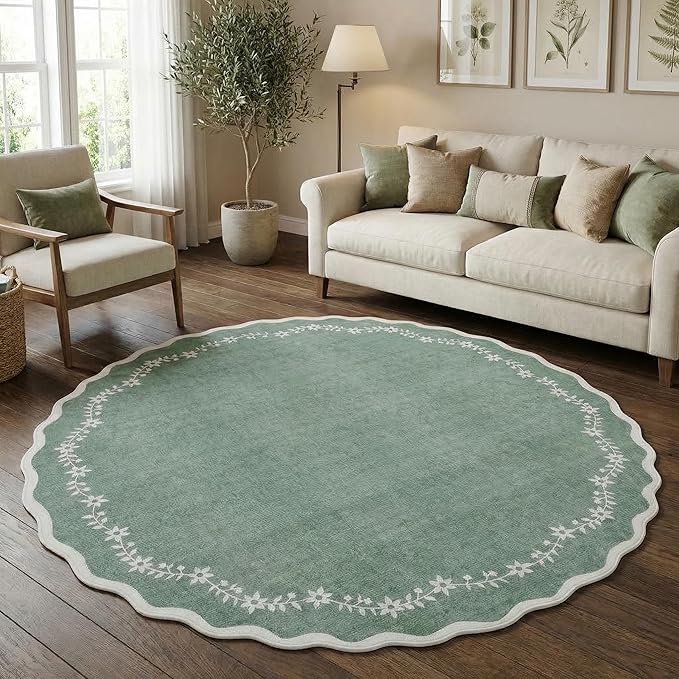 GarveeHome Round Rugs 6ft Scalloped Washable Circle Rug for Dining Room | Soft Sage Green Non Slip Floral Print Floor Mat Carpet Indoor Thin Tent Rug for Kids Bedroom Playroom Nursery Entryway