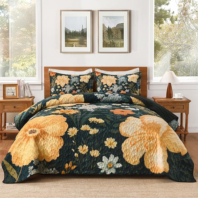 Andency Quilt King Size, Green Floral Boho Summer Bedspread 3 Pieces | Golden Flower Botanical Summer Bedspreads with 2 Shams, Reversible Polyester Coverlet Set for All Seasons, 106"x96"