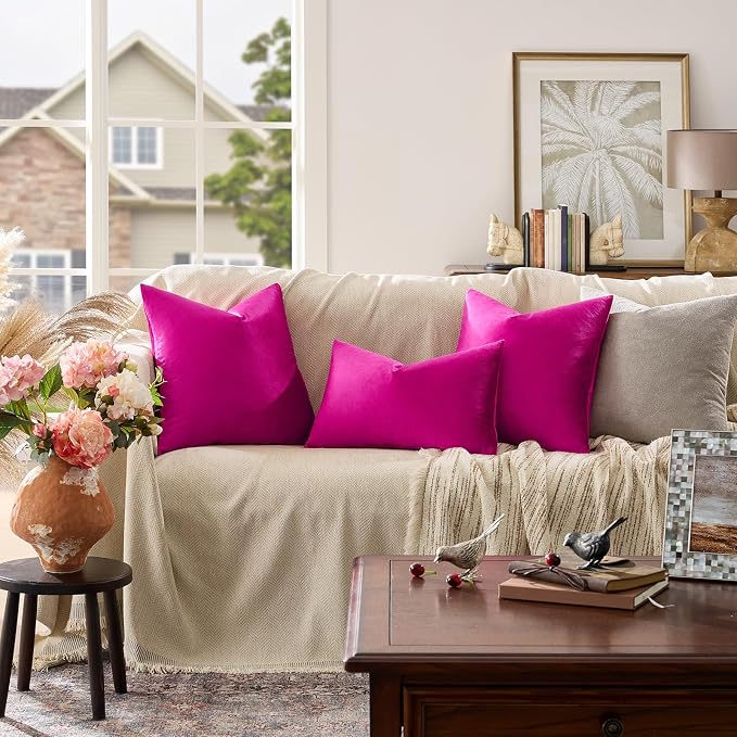 GIGIZAZA Hot Pink Velvet Pillow Covers 16x16 Decorative Pillows Pack of 2 | Throw Pillows for Couch Sofa,280gsm Soft Textured Fabric,Modern Square Pillowcases,Luxury Cushion Covers
