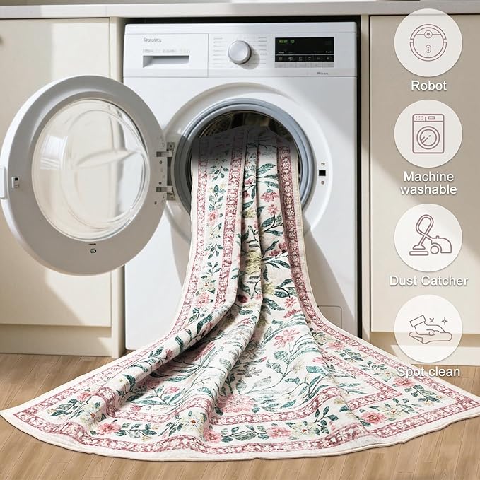 PLHXFR 2.6x10 Washable Runner Rug：Floral Indoor Kitchen Carpet Pink Green | For Hallway Bedroom Kitchen Laundry Bathroom Dorm,Vintage Floral,Machine washable,Non Slip,Stain Resistant,Indoor Floor
