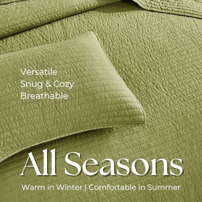 DOWN HOME Twin Quilt Bedding Set with Sham, Vintage Washed Soft Quilted Blanket Thin Comforter Lightweight Bedspread Coverlet Bed Cover, Brushed Microfiber Stripe Stitching, Golden Olive, 66"x92"