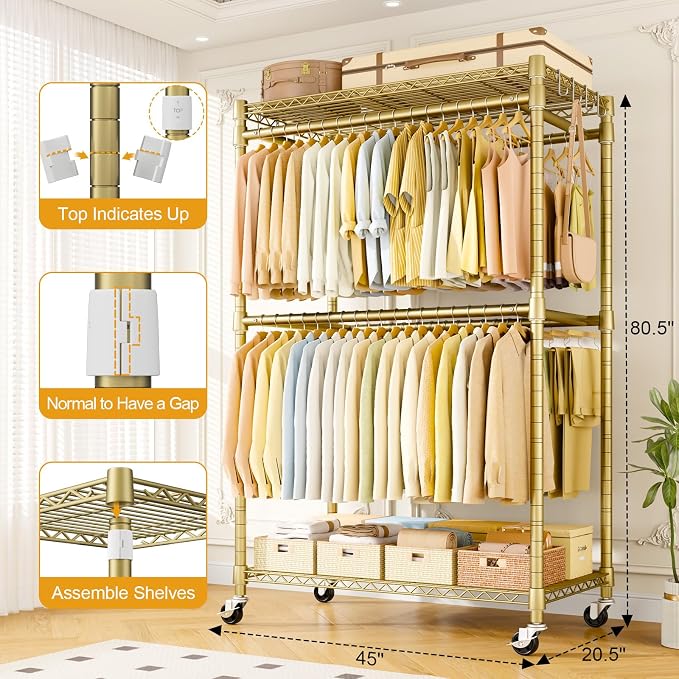 Rolling Clothes Rack, Clothing Racks for Hanging Clothes, Gold | P4 Plus Heavy Duty Garment Rack with Wheels, Free Standing Portable Closet Racks 45''W × 20.5''D × 80.5''H, Max Load 570 Lbs