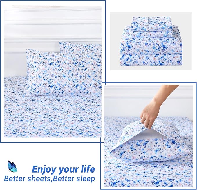 Softan Queen Floral Sheets, Microfiber Blue Flower Printed Fitted Sheets with Non-Slip Corner Straps and 15" Deep Pocket, Butterfly Patterned Cozy Bed Sheets & Pillowcase Sets