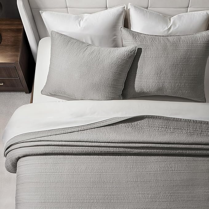 EVERGRACEHOME Cotton Sateen Channel Quilt Set, Queen Size, Fog Gray | 100% Cotton, Pre-Washed Soft Coverlet Bedspread, 3-Piece Refined Channel Stitch Bedding Set for All Season, 2 Pillow Shams