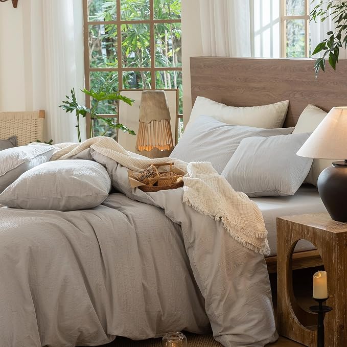 MooMee Wavy Striped Duvet Cover Set 100% Washed Cotton Linen Like Textured Breathable Durable Soft Comfy (Light Grey, Oversized Queen 98"x98")