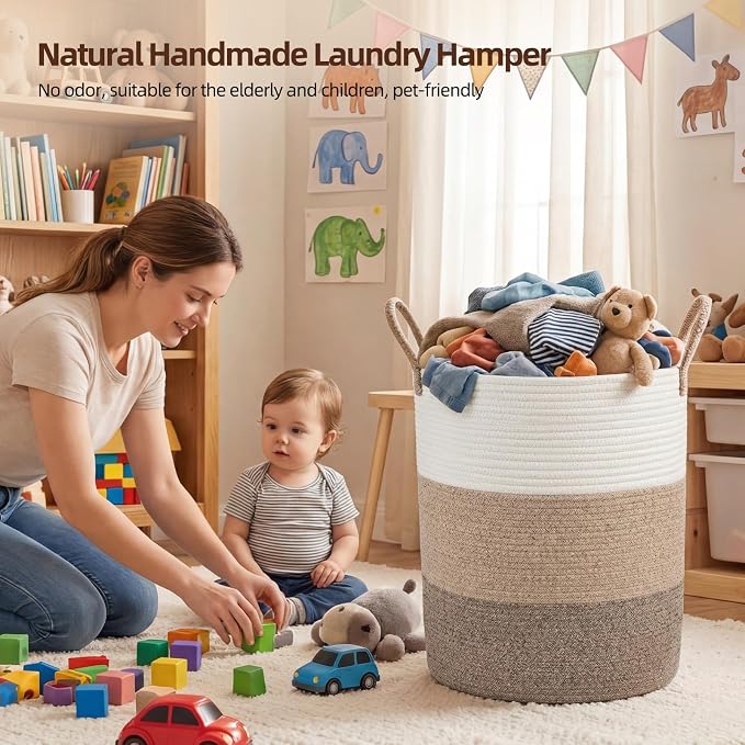 OIAHOMY 60L Nursery Hamper Laundry Basket Laundry Hamper Gradient Brown | collapsible Blanket Basket Cotton Rope Woven Basket Dirty Clothes Hamper Baby Hamper Tall Clothes Hamper with Handles