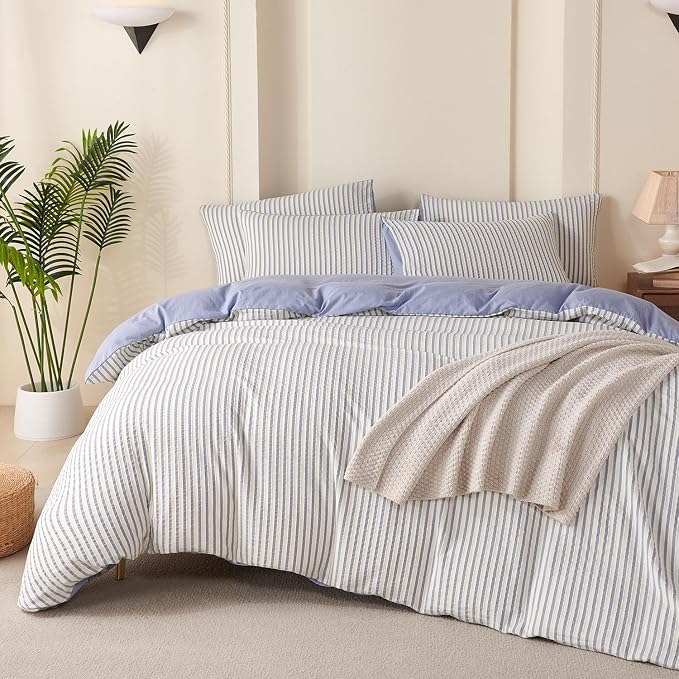 Comforter Set King Size Blue Striped Soft Luxury Washed Microfiber Jacquard 3 Pieces Bedding, White Blue Vertical Ticking Stripes Pattern Comforter with 2 Pillowcases Breathable Durable Comfy