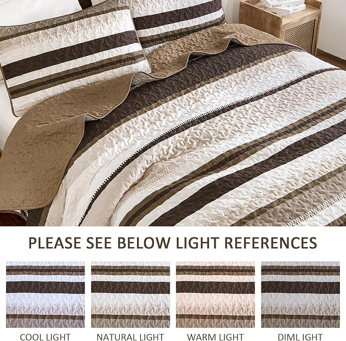 WONGS BEDDING Striped King Quilt Bedding Set, Brown Lightweight Bedspread | Lightweight Microfiber Coverlet, Breathable All-Season, Machine Washable, 3-Piece Set 110"x90", Great for Men Boys Dorm Room