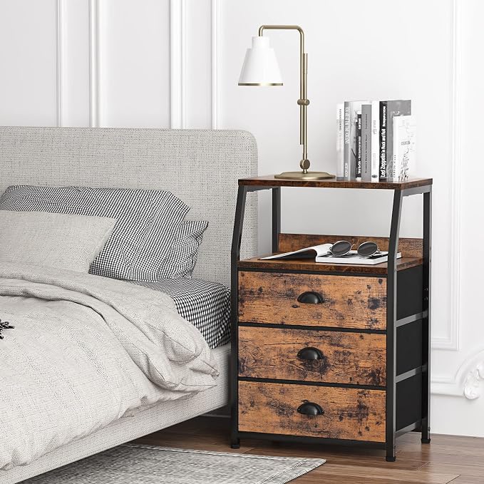 Furnulem Nightstand with 3 Fabric Drawers, Small Bedroom Storage Cabinet | Rustic Brown Dorm Night Stand, Small Dresser Organizer Storage Tower for Closet,Living Room, Bedside Table with Metal Frame