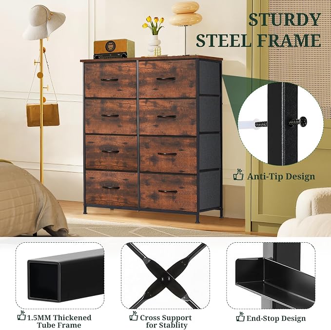 8-Drawer Dresser for Bedroom, Anti-Tip Tall Storage Organizer | Chest of Drawers with Wooden Top and Metal Frame Fabric Bins for Closet, Living Room, Hallway, Entryway, Brown