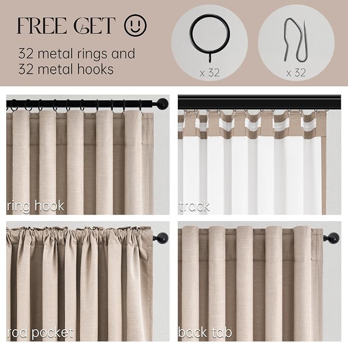 Natural Beige 95 inch bedroom living room curtains 2 Panels 100% Blackout Linen texture Curtain Drapes with Back Tab Rod Pocket Room darkening Thermal Insulated Curtains for Dining Sliding door 52x95