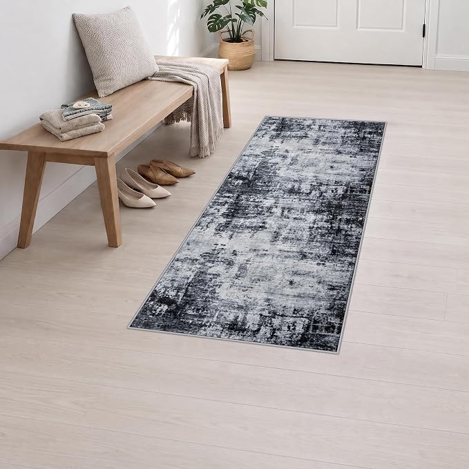 2x5 Washable Runner Rug：Modern Abstract Soft Carpet Dark Black | For Hallway, Bedroom, Kitchen, Laundry, Bathroom,Door Mat,Modern Abstract,Machine washable,Non-Slip,Stain Resistant,Indoor