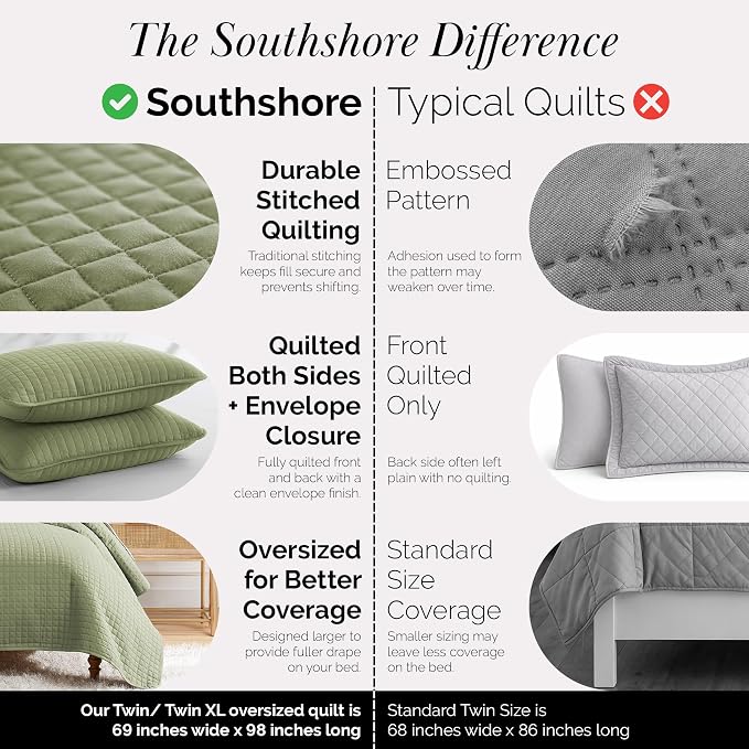 Southshore Fine Living, Inc. Twin XL Quilt Set, Dorm Room Bedding Essentials, Stain Resistant Bedding, Machine Washable Bed Spread, Twin XL Green Quilt Bedspread Set w/Pillow Sham, Sage Green