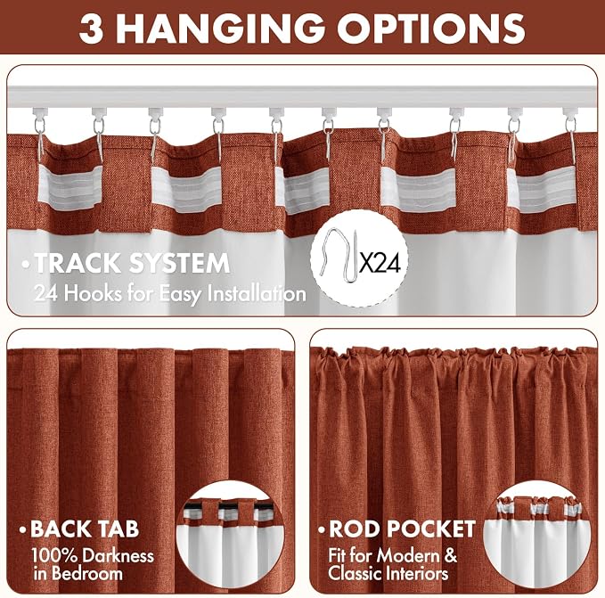 MIULEE Fall 100% Blackout Linen Curtains for Bedroom 40W x 108L Terracotta | 2 Panels, 108 inches Long, Thermal Insulated, Room Darkening, Black Out Drapes for Living Room, Back Tab Rod Pocket