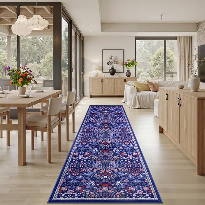 PLHXFR 2.6x10 Washable Runner Rug：Floral Indoor Kitchen Soft Carpet Blue | For Hallway Bedroom Kitchen Laundry Bathroom Dorm,Vintage Floral,Machine washable,Non Slip,Stain Resistant,Indoor Floor