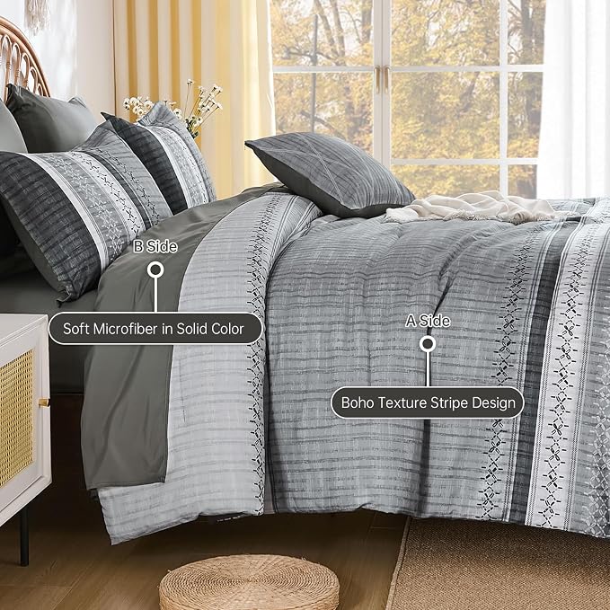 Dintszyayue Grey Queen Comforter Size Set, 8 Pieces Striped Texture Bed in a Bag Bedding Sets, Lightweight Soft Comforter and Sheet Set, All Season Microfiber Teen Boys Bedding Sets for Men Women
