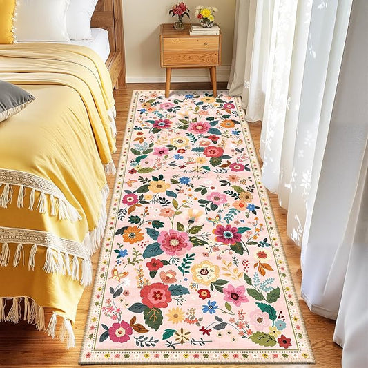 Floral Washable 2x6 Area Rugs Runner Entryway Hallway Pink | Flower Carpet, Print, Boho, Non-Slip, Easy to Clean, Low Pile, Soft, for Living Room Bedroom Kitchen Office Entrance