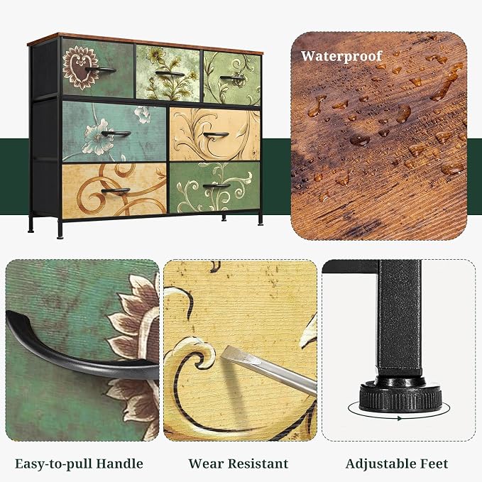 7-Drawer Dresser for Bedroom, Anti-Tip Wide Storage Organizer Fabric | Chest of Drawers TV Stand for 45" TV with Wooden Top Metal Frame for Closet, Living Room, Hallway, Entryway, Floral Painted