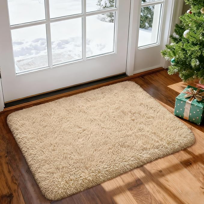 Modern Soft Fluffy Small Shaggy Rug for Bedroom Livingroom, Soft Non-Slip Kids Room Entryway Throw Rugs, Plush Furry Fur Area Rugs Comfy Nursery Accent Floor Carpet 2x3 Feet, Beige