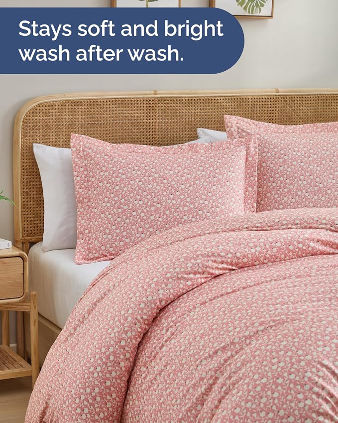 Duvet Cover King Size - Soft Floral Duvet Cover - 3 Piece - Pinkfield | Soft Floral Duvet Cover 104 x 90 with 2 Pillow Shams, Zipper Closures & Ties, Floral Bedding for Women, Men, Kids & Teens