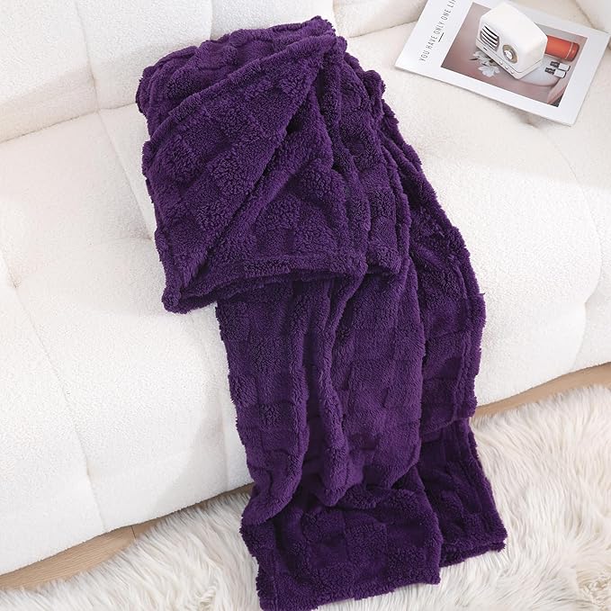 Deep Purple Fleece Throw Blanket 50”×70”Checkered Design for Couch | Super Soft Cozy Plush Microfiber 3D Square Pattern Flannel Blanket for Sofa Bed Lightweight for Adults,Women