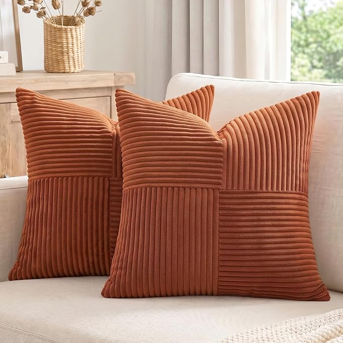 Fancy Homi 2 Packs Rust Samll Decorative Throw Pillow Covers 14x14 Inch with for Couch Bed, Rustic Farmhouse Boho Home Decor, Soft Corss Patchwork Corduroy Square Terracotta Cushion Case 35x35 cm