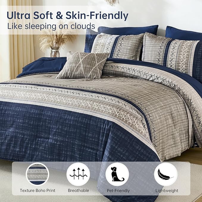 Dintszyayue Blue King Comforter Size Set, 8 Pieces Boho Grey Striped Texture Bed in a Bag Sets, Lightweight Soft Bohemian Comforter and Sheet Set, All Season Microfiber Bedding Sets for Men Women
