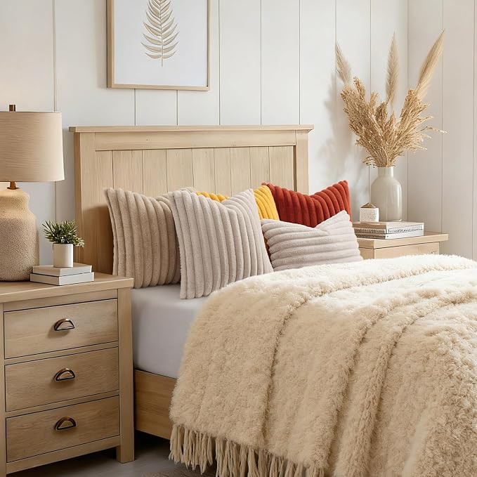 decorUhome Fall Faux Fur Throw Pillow Covers 24x24 Set of 2 Khaki Brown | Decorative Soft Cozy Striped Plush Modern Farmhouse Boho Couch Pillow Cases Velvet Back for Sofa Bed Living Room Home Decor