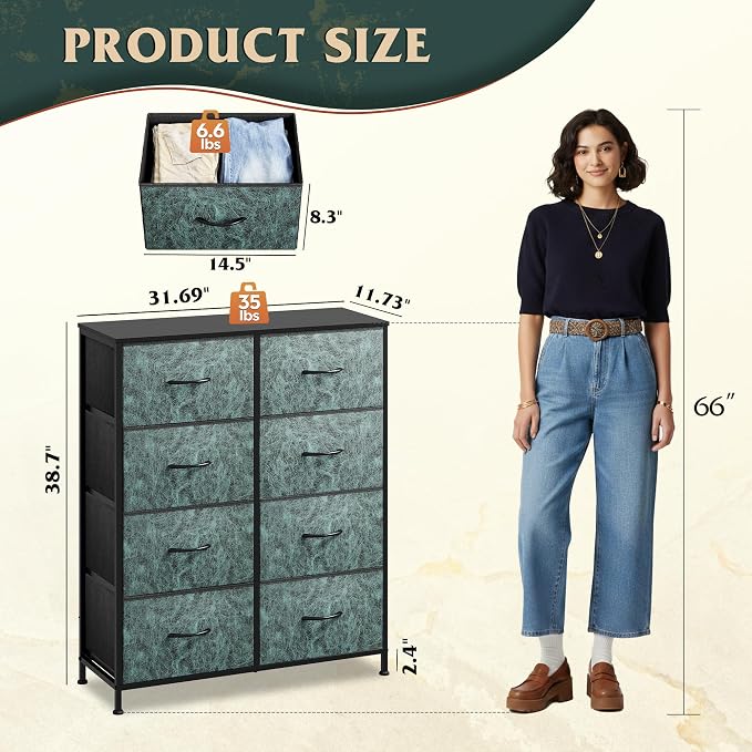 WLIVE 8 Drawer Fabric Dresser for Bedroom, Tall Storage Tower, Green | Green 8-drawer tall storage tower with fabric bins and wood tabletop, breathable non-woven, perfect for bedroom closet dorm