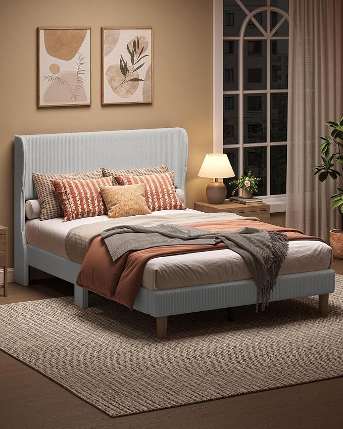 Bestier Full Bed Frame with Wingback Headboard,Upholstered,Light Grey | Vertical Channel Corduroy Upholstered,Easy Assembly,Wingback Headboard,No Squeaks,Wooden Slats Support,No Box Spring Needed