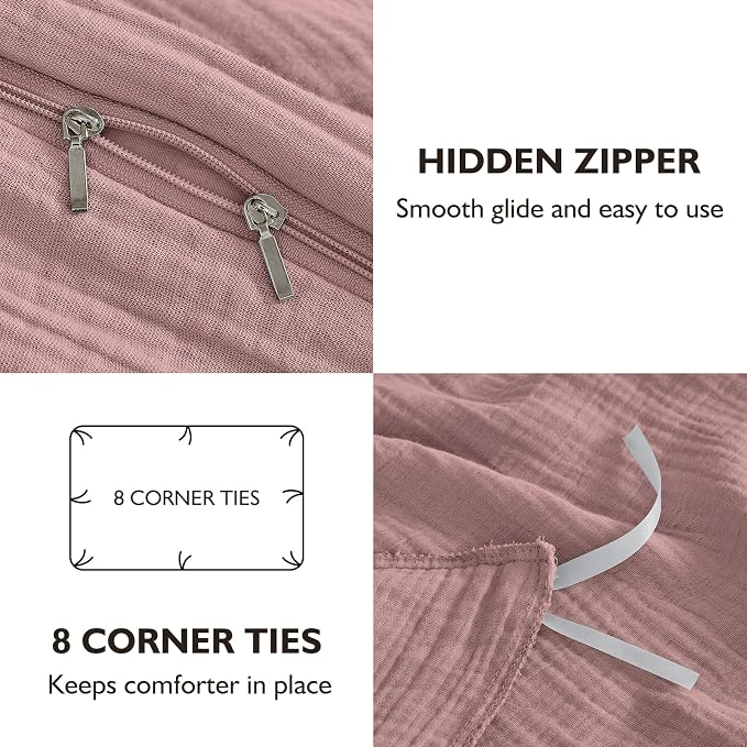 EMME Muslin Cotton Duvet Cover Set King Size Linen Like Soft Breathable Lightweight Summer Comforter Cover Set with Zipper Closure (King, 104"x90")