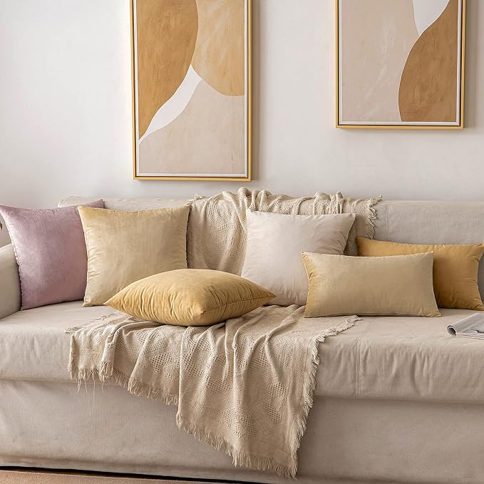 MIULEE 12x20 Inch Lumbar Velvet Throw Pillow Covers Beige | Pack of 2 Soft Solid Decorative Pillow Covers, Modern Luxury Home Decor, for Chair Couch Sofa Bedroom Livingroom