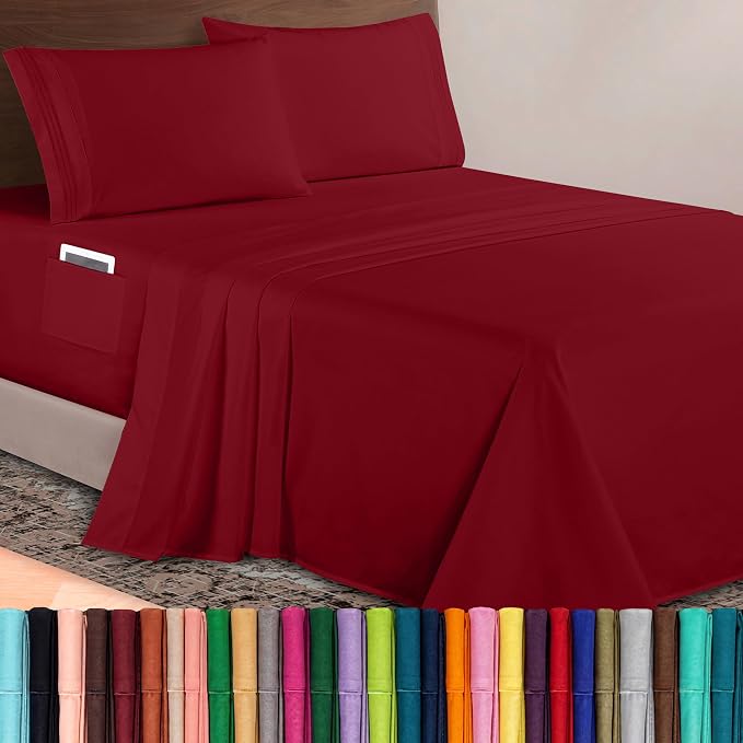 Elegant Comfort Luxurious 1500 Premium Hotel Quality Microfiber 4-Piece Sheet Set, 18-24 Inches Deep - Extra Deep Pocket Sheets - Ultra Soft 4PC Deep Pocket Sheets, Queen, Burgundy