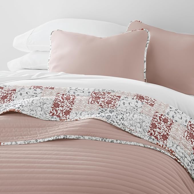 Merit Linens Soft Quilt Coverlet Bedding Set - Pattern/Solid Reversible - Full/Queen Blush