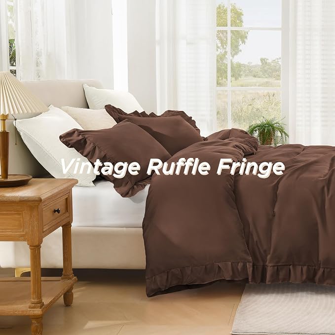 Andency Brown Ruffle Duvet Cover King, Shabby Chic Farmhouse Bedding Set | 3 Pieces Soft Washed Polyester Vintage Ruffled Comforter Cover Set with Zipper Closure & Corner Ties, 104x90Inch