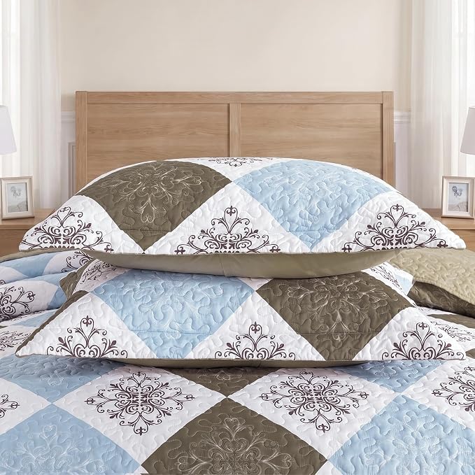 Quilt Set King Size, Bedspread Sets Dusty Blue Floral, Quilt Bedding Set Lightweight and Breathable for All Seasons, Soft Quilted Bedspread with 2 Pillow Shams