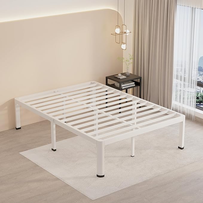MAF 12 Inch Full Size Metal Platform Bed Frame White with Round Corner Legs | Mattress Baffle, 3000 LBS Heavy Duty Steel Slat Support, Noise Free, No Box Spring Needed, Easy Assembly, 10.4" Storage Space